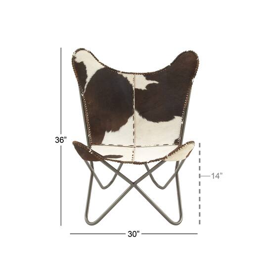 White Cow Hide Leather and Iron Rustic Accent Chair, 36" x 29" x 30"